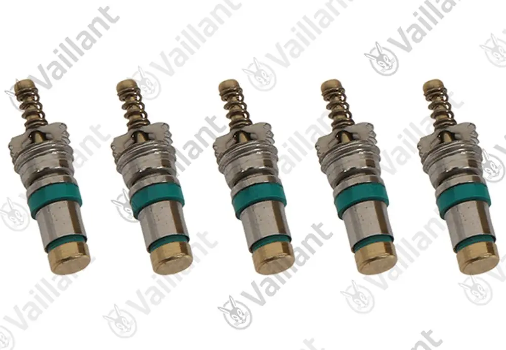 Fünf Vaillant Ventile mit Schraubmechanismus, Metallkörper und grünem Dichtungselement. Geeignet für spezifische Heizsysteme.